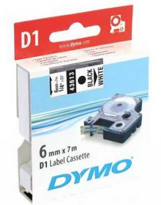 Dymo D1 Yedek Şerit, 6 mm x 7 mt, Beyaz/ Siyah (43613)