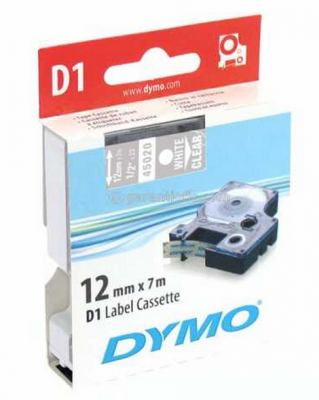 Dymo D1 Yedek Şerit, 12 mm x 7 mt, Şeffaf / Beyaz (45020)